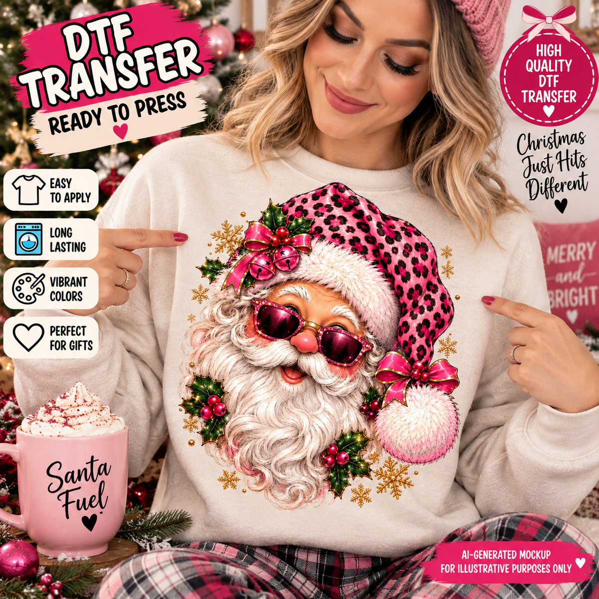 AI-generated mockup of a woman wearing a cream sweatshirt with Santa in pink sunglasses and a pink leopard-print hat, surrounded by holly and bows.