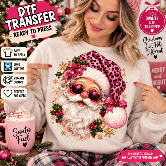 AI-generated mockup of a woman wearing a cream sweatshirt with Santa in pink sunglasses and a pink leopard-print hat, surrounded by holly and bows.