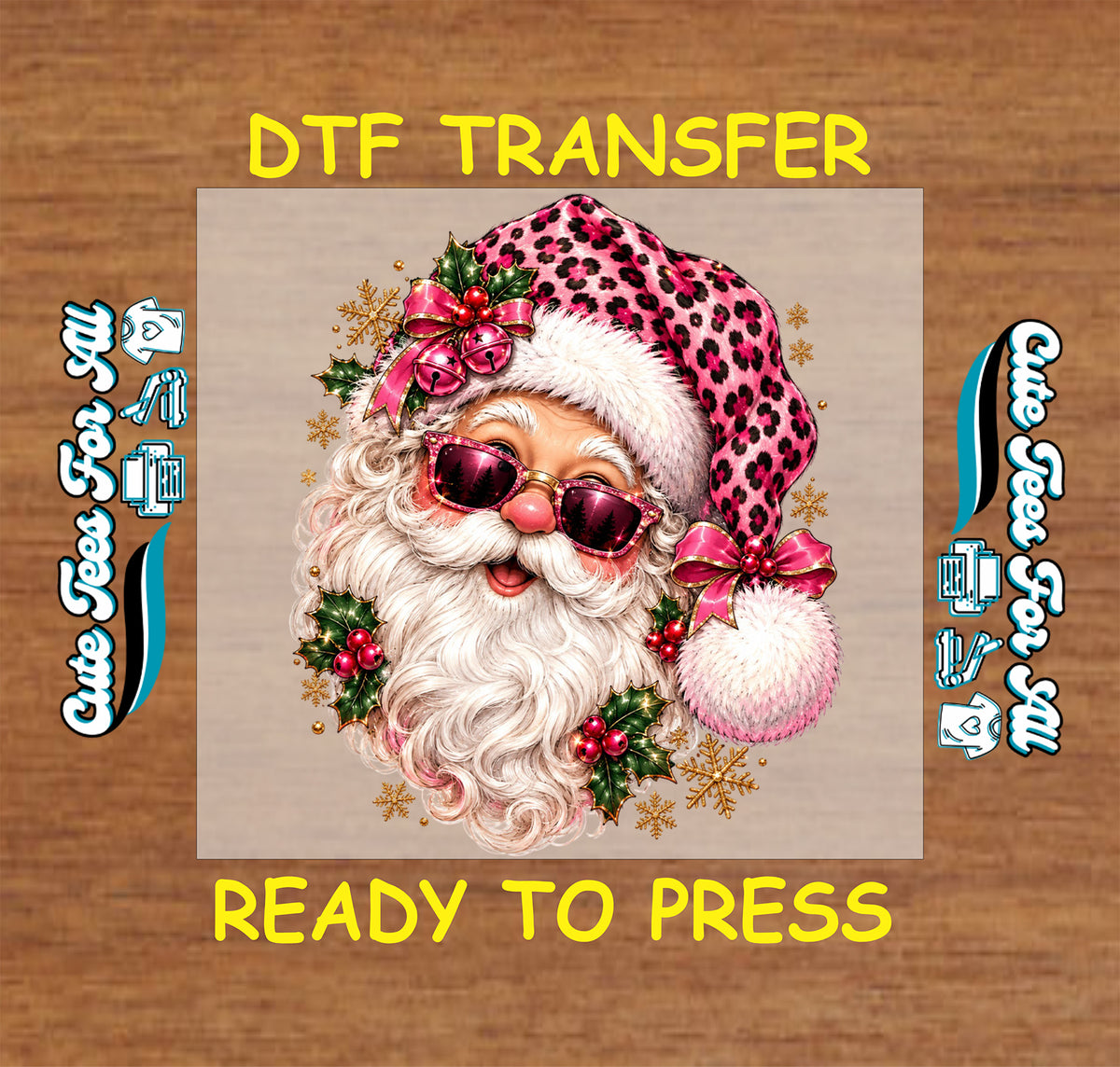 Santa face with pink sunglasses, a pink leopard-print hat, white curly beard, pink bows and bells, holly berries, and golden snowflakes.