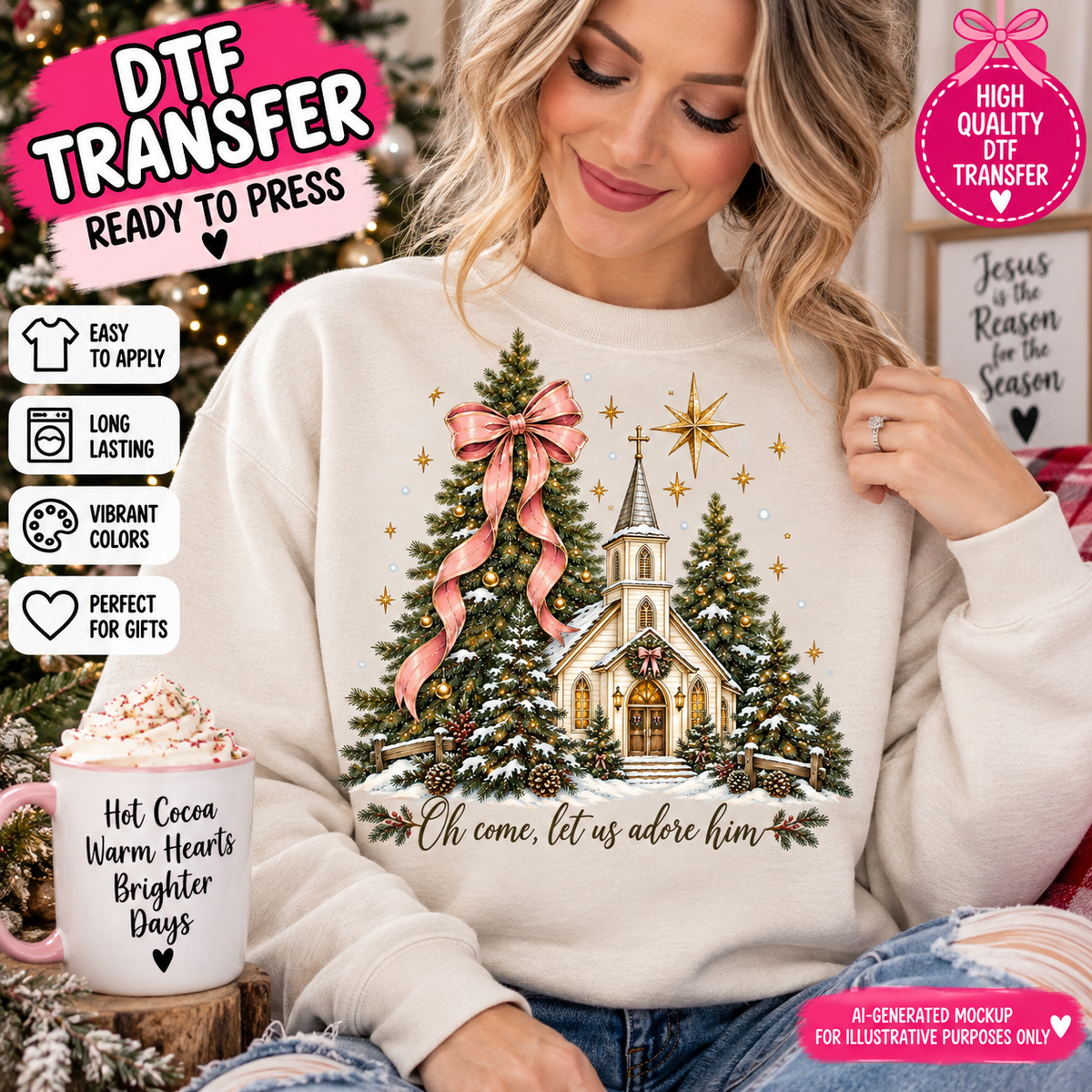 AI-generated mockup of a woman wearing a cream sweatshirt with a snowy church, Christmas trees, a pink bow, and Oh Come Let Us Adore Him script.