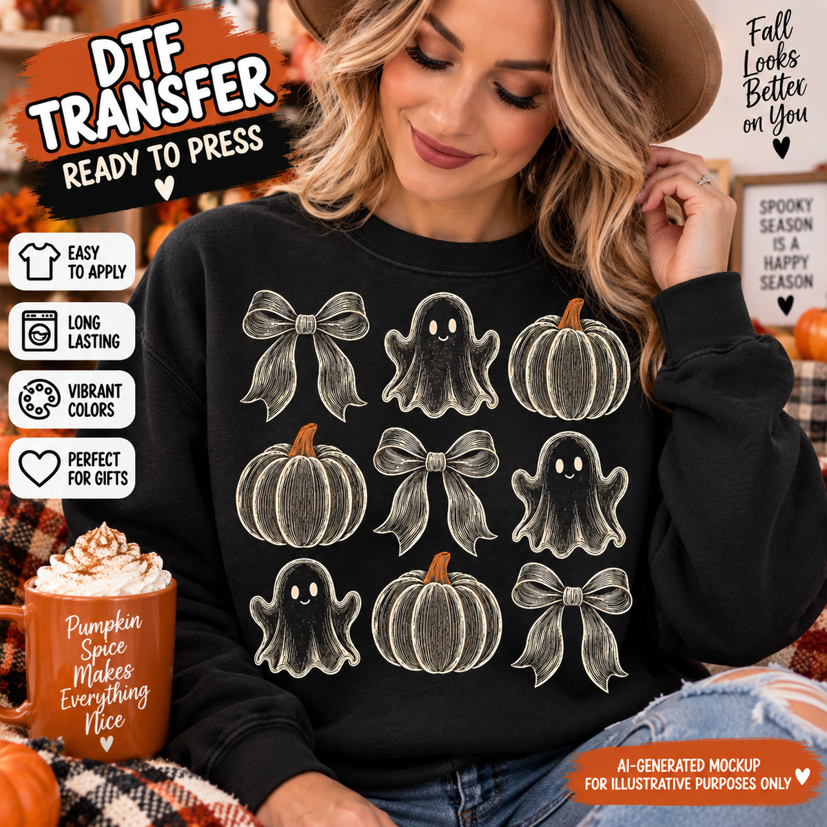 AI-generated mockup of a woman wearing a black sweatshirt with a cream sketched grid of smiling ghosts, pumpkins, and bows.