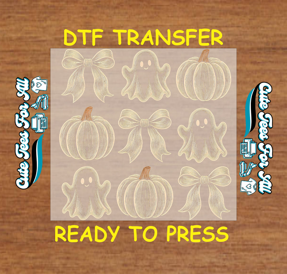 Nine-piece grid featuring three smiling ghosts, three pumpkins with orange stems, and three bows in detailed cream sketch linework.