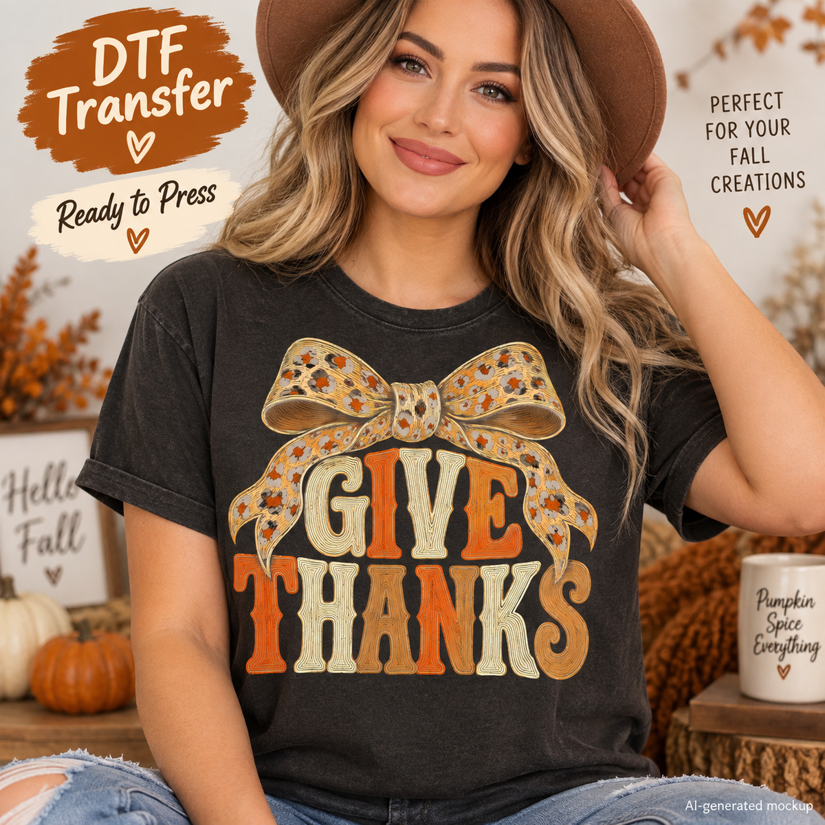 AI-generated mockup of a woman wearing a charcoal T-shirt with Give Thanks lettering in autumn colors beneath a large leopard-print bow.