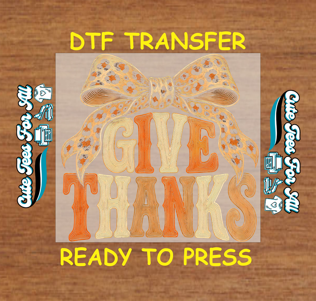 Give Thanks lettering in orange, cream, and caramel with fine layered linework beneath an oversized leopard-print bow with flowing tails.