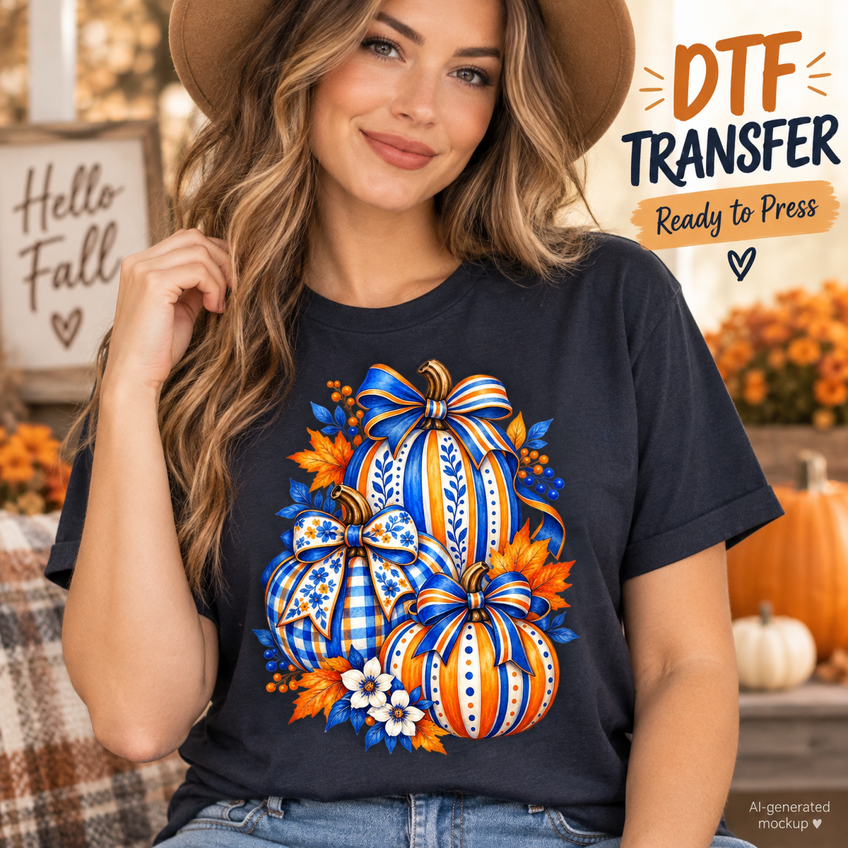 AI-generated mockup of a woman wearing a navy T-shirt with three blue, orange, and white patterned pumpkins, decorative bows, and fall foliage.