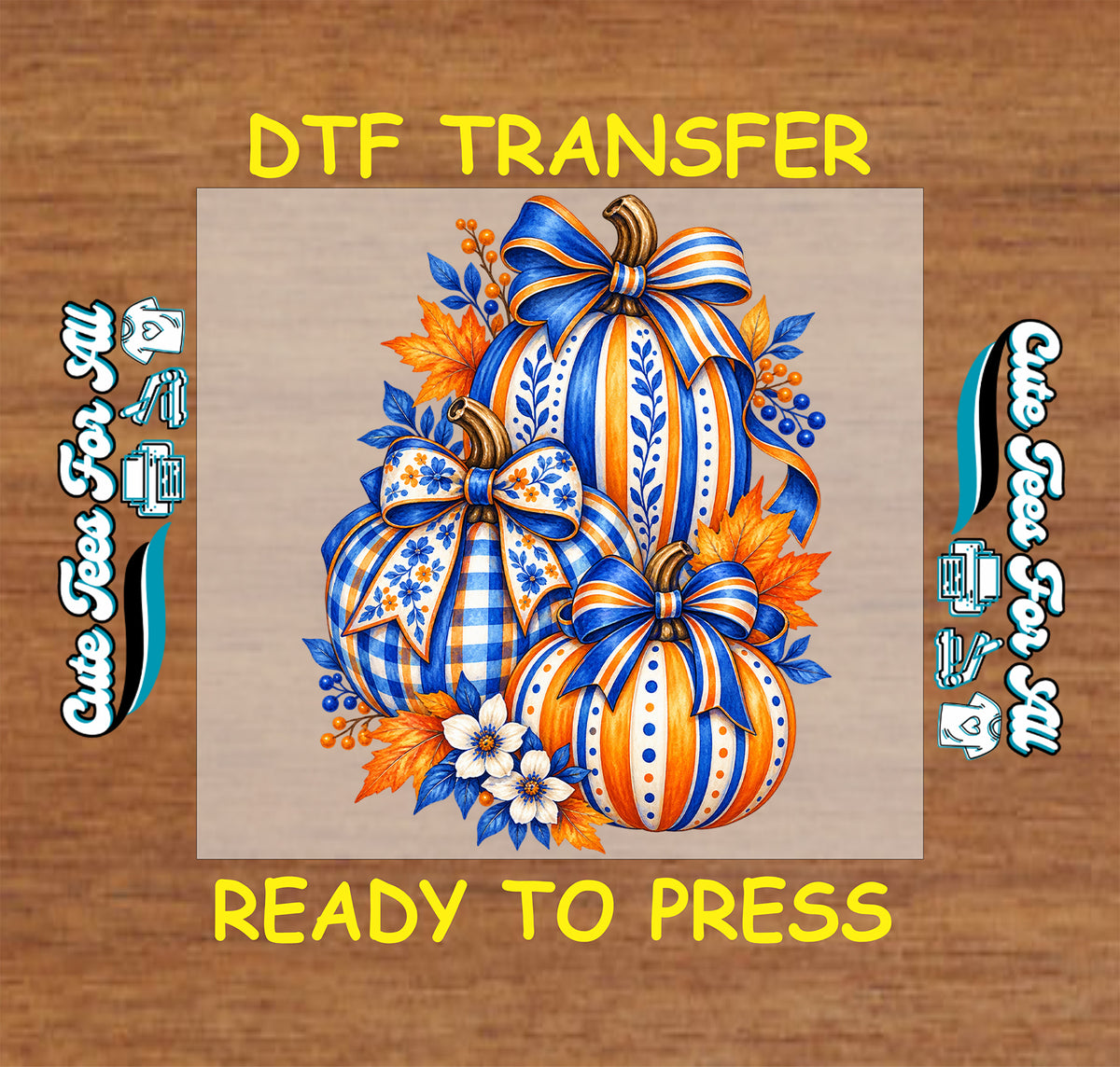 Three blue, orange, and white pumpkins with striped and gingham patterns, floral bows, autumn leaves, berries, and white flowers.