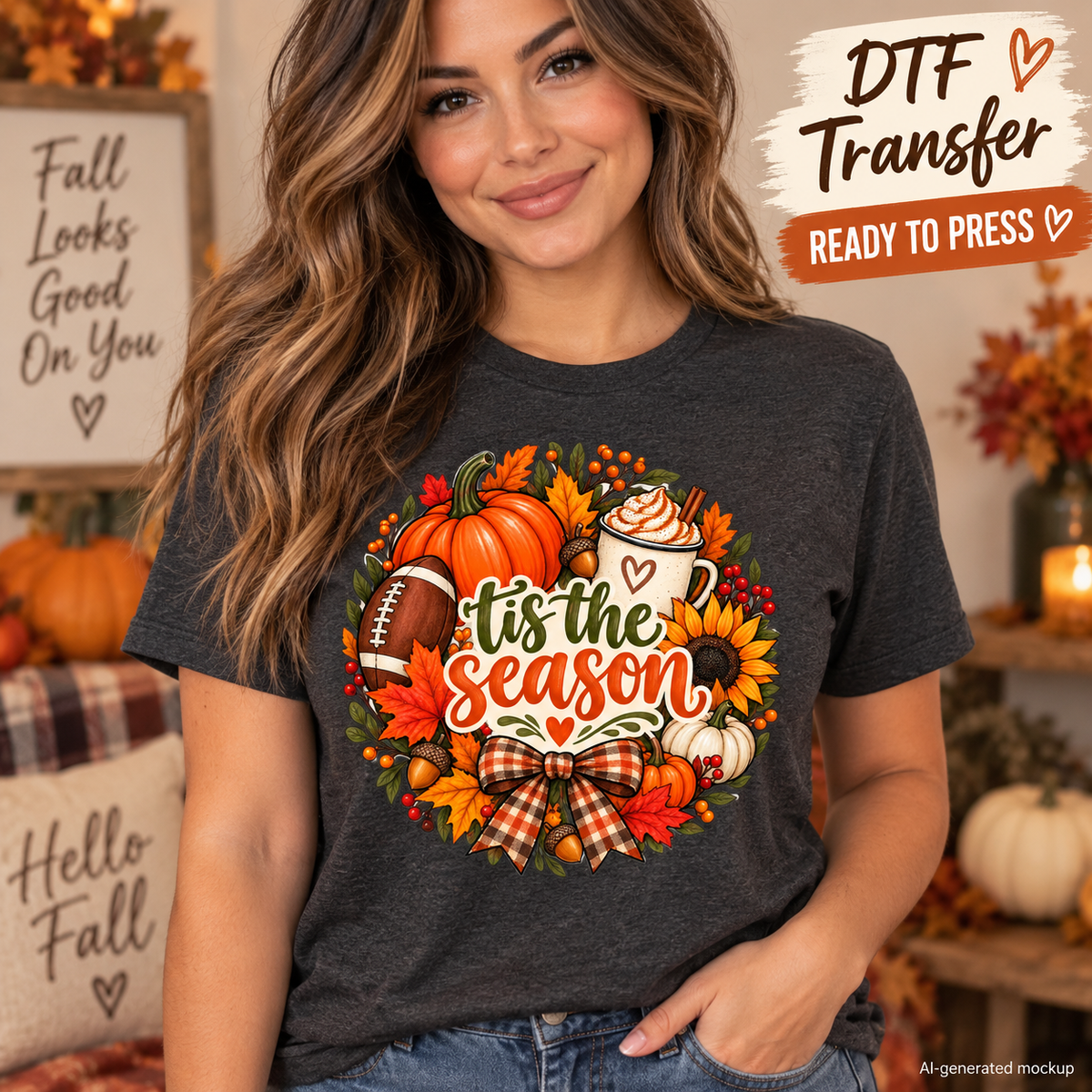 AI-generated mockup of a woman wearing a charcoal T-shirt with a Tis the Season fall design featuring pumpkins, a football, and a gingham bow.