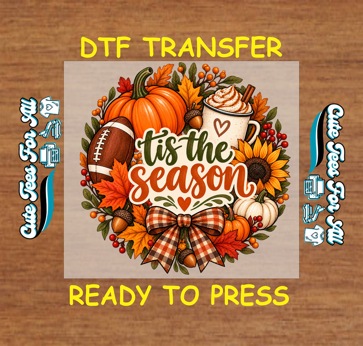 Tis the Season lettering surrounded by pumpkins, a football, whipped drink, sunflower, autumn leaves, berries, acorns, and a gingham bow.