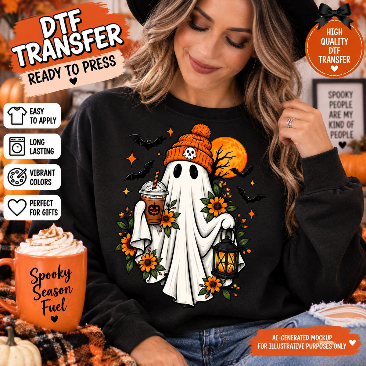 AI-generated mockup of a woman wearing a black sweatshirt with a ghost in an orange beanie holding a drink and lantern, surrounded by sunflowers.