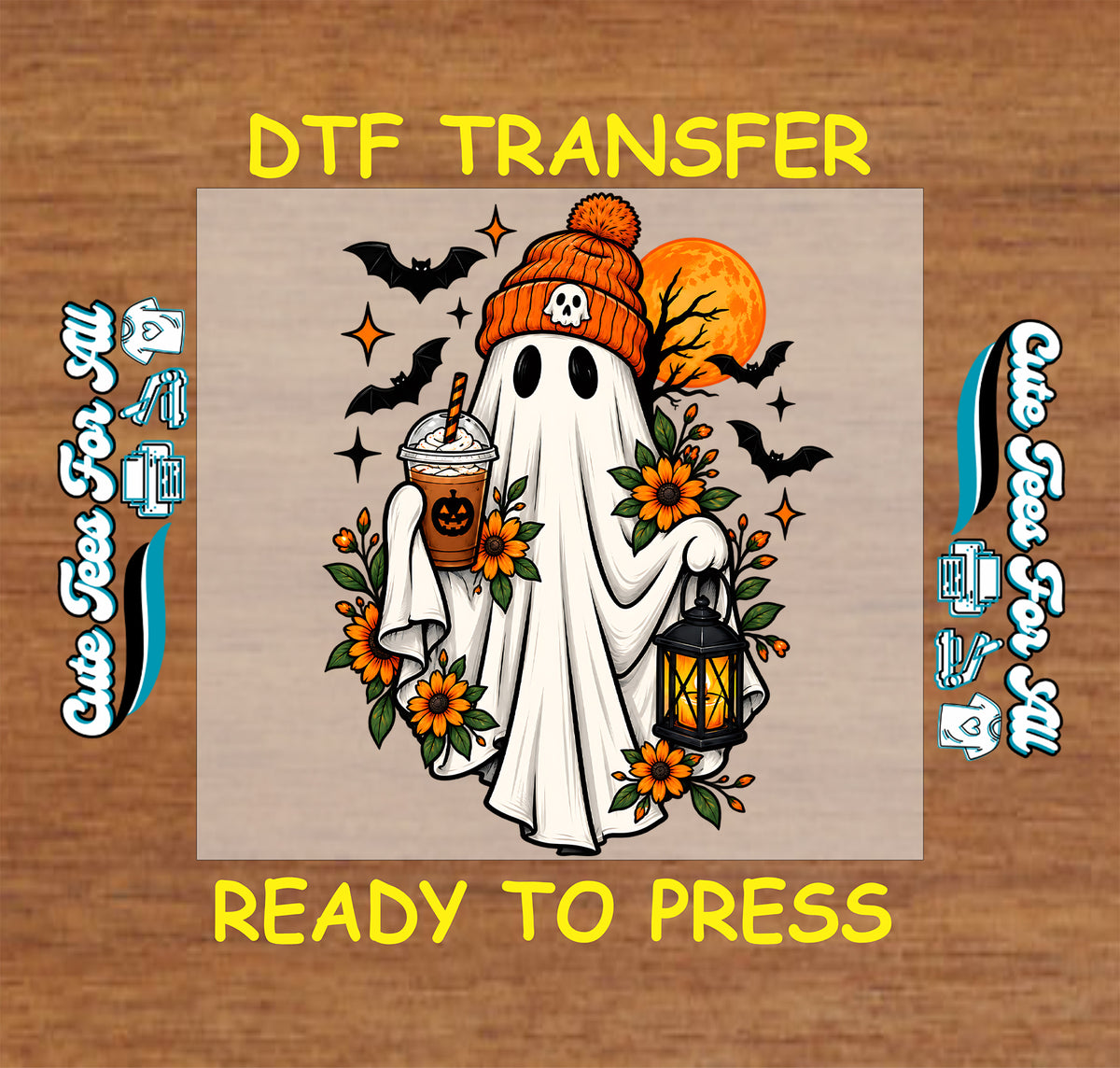 White ghost in an orange skull beanie holding a pumpkin drink and lantern, surrounded by sunflowers, bats, an orange moon, and a bare tree.