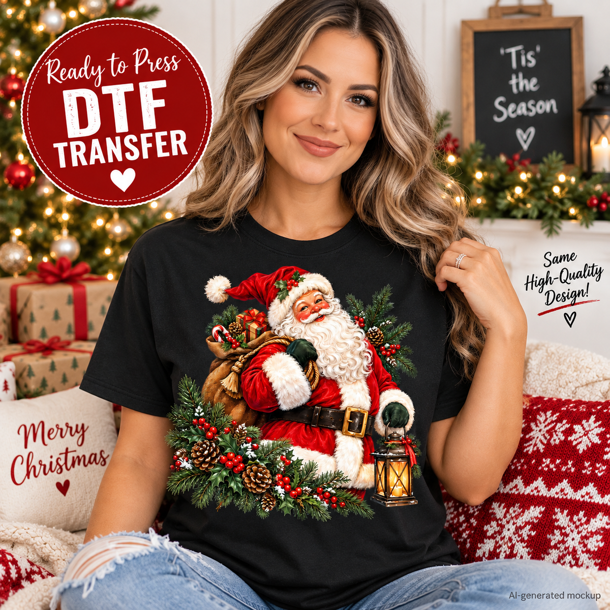 AI-generated mockup of a woman wearing a black T-shirt with vintage Santa carrying gifts and a lantern, framed by Christmas greenery.