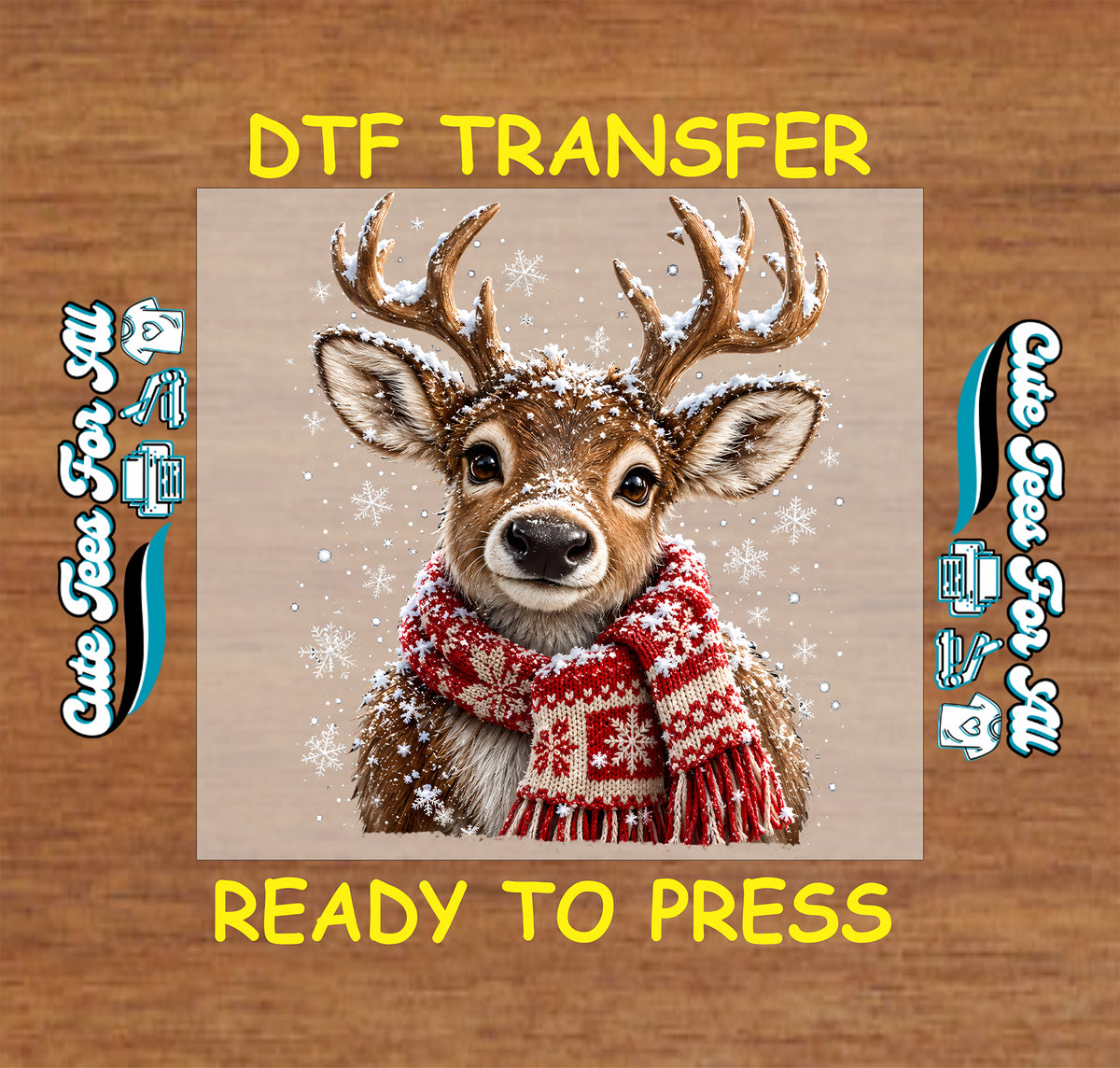 Brown deer with snow-dusted antlers and a red and cream patterned knit scarf, surrounded by white snowflakes.