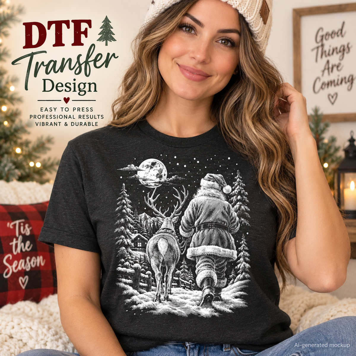 AI-generated mockup of a woman wearing a charcoal T-shirt with a monochrome scene of Santa and a reindeer walking through a snowy forest.