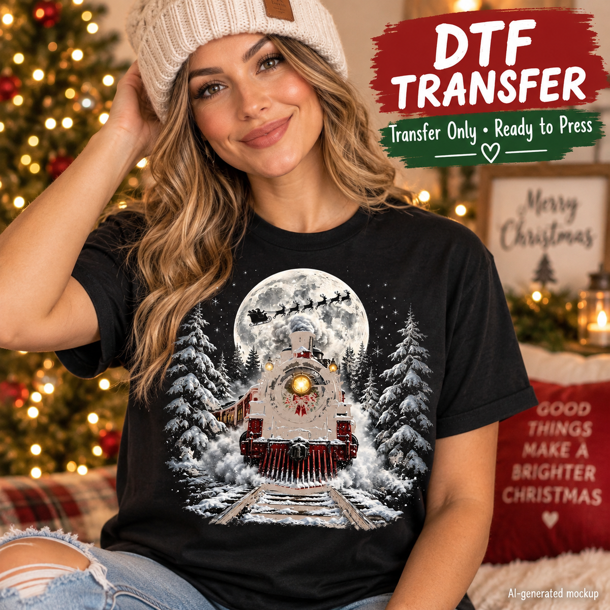 AI-generated mockup of a woman wearing a black T-shirt with a snowy Christmas train and Santa’s sleigh silhouetted against a full moon.