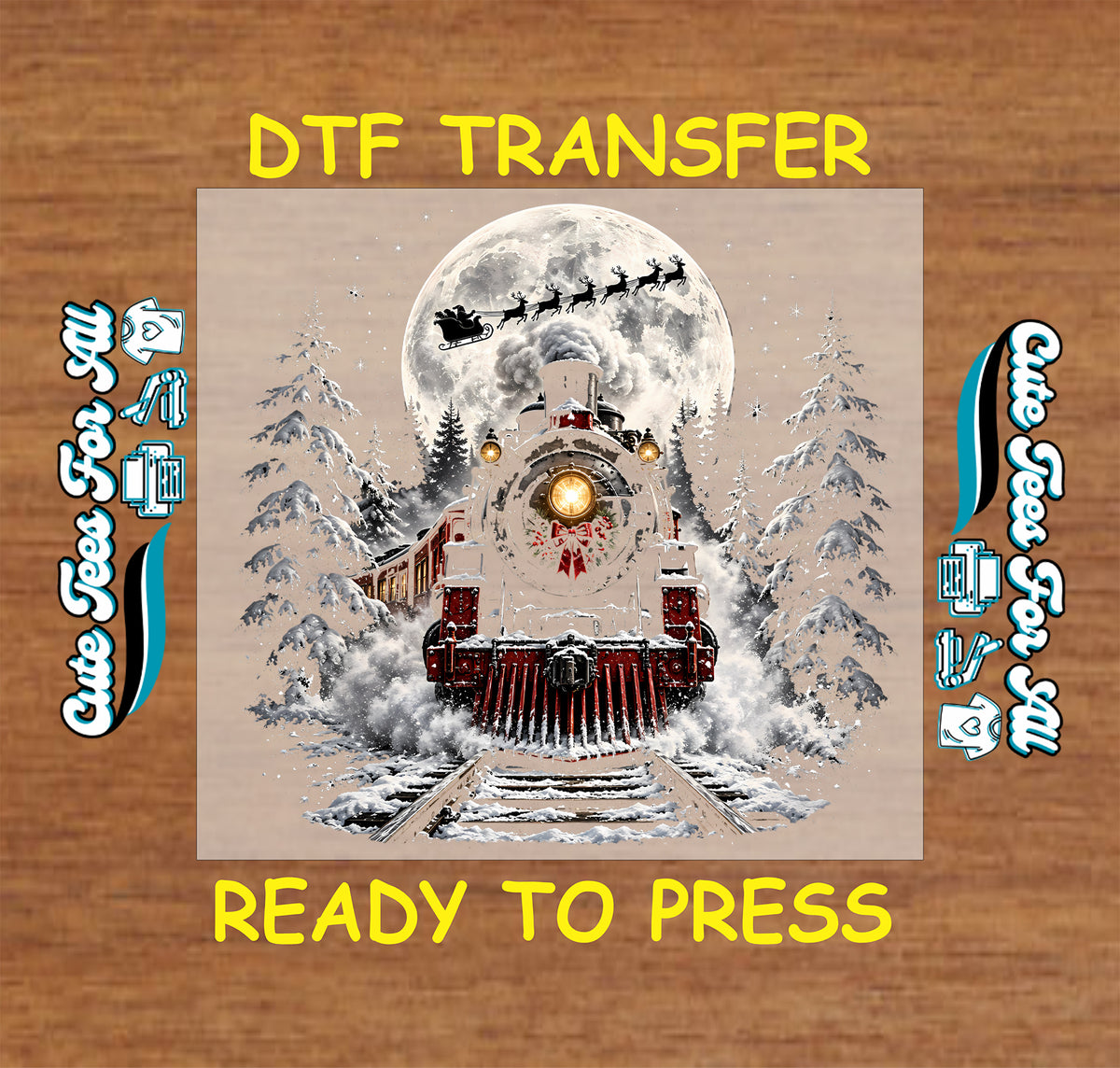 Snow-covered steam train with golden headlights and a Christmas wreath, framed by snowy evergreens beneath a full moon and Santa’s flying sleigh.