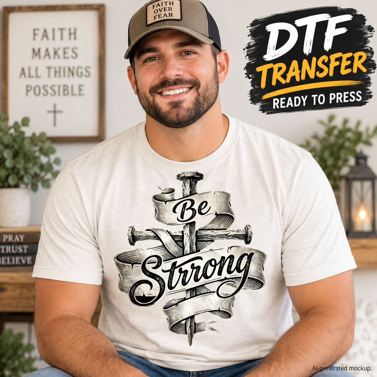 AI-generated mockup of a man wearing a light T-shirt featuring a nail cross wrapped in vintage ribbon banners with Be Strong lettering.