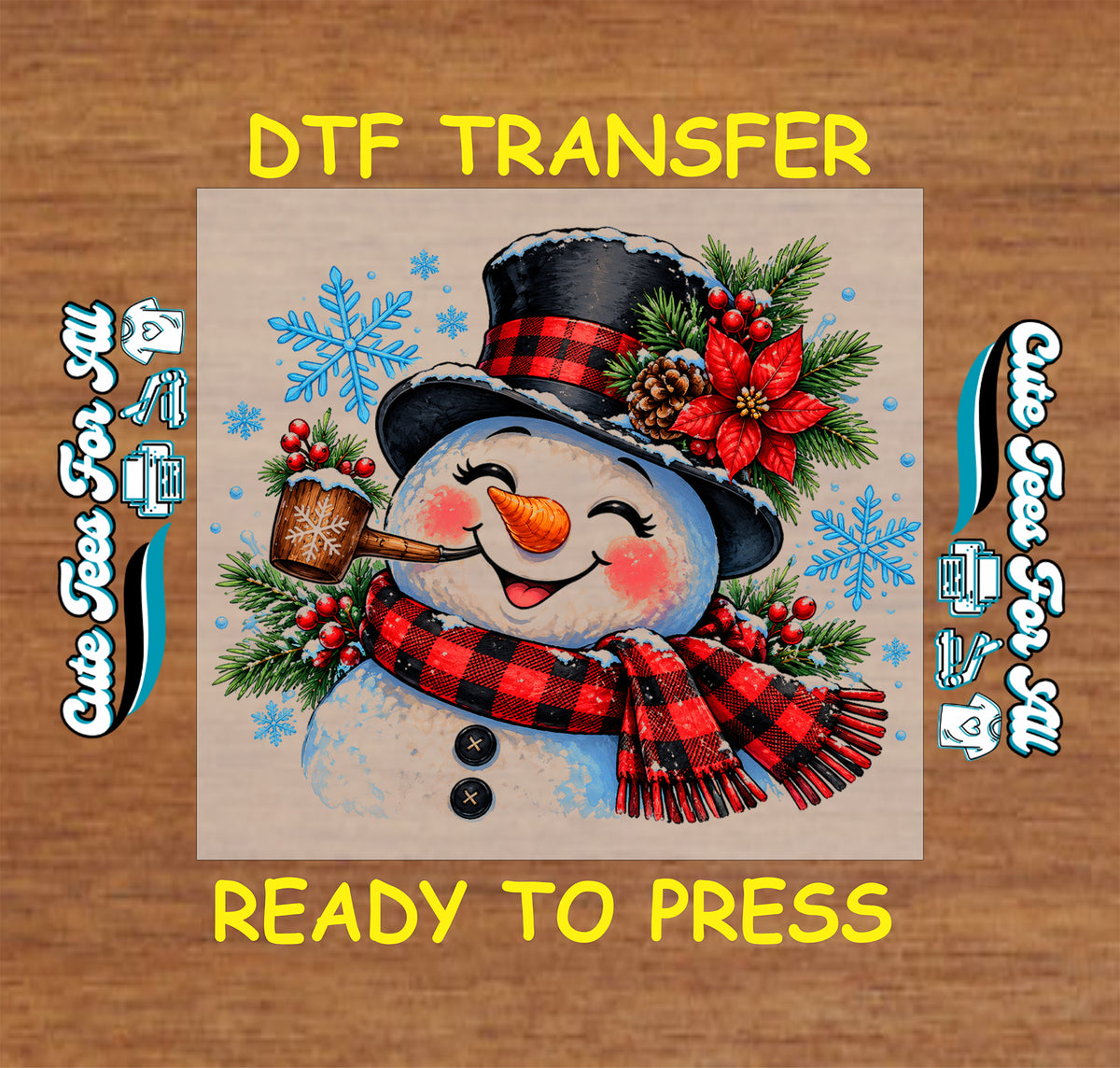 Smiling snowman with a carrot nose, wooden pipe, buffalo plaid scarf, and black top hat decorated with a poinsettia, greenery, berries, and pinecones.