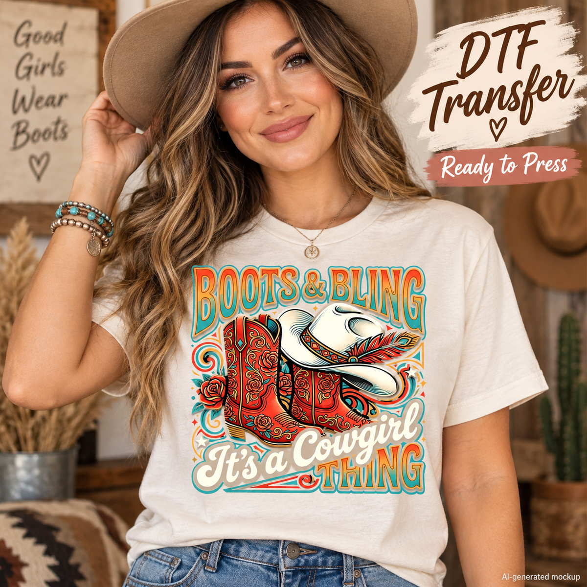 AI-generated mockup of a woman wearing a cream T-shirt with Boots and Bling cowgirl lettering, floral cowboy boots, and a feathered cowboy hat.