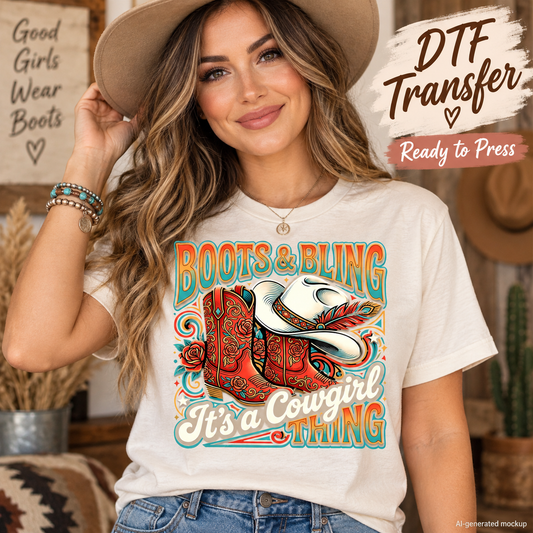 AI-generated mockup of a woman wearing a cream T-shirt with Boots and Bling cowgirl lettering, floral cowboy boots, and a feathered cowboy hat.
