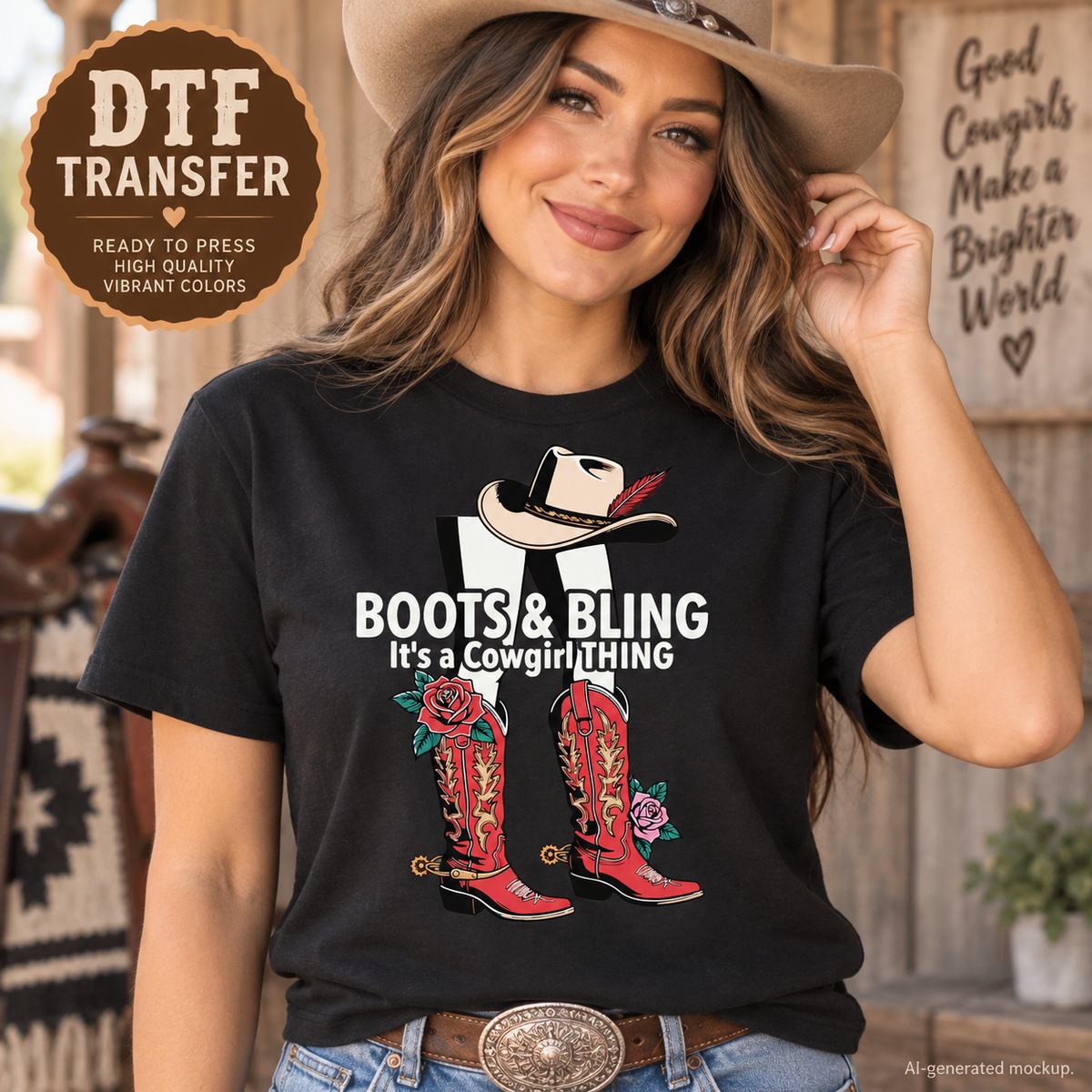 AI-generated mockup of a woman wearing a black T-shirt with Boots and Bling lettering, tall red cowboy boots, roses, and a cream cowboy hat.