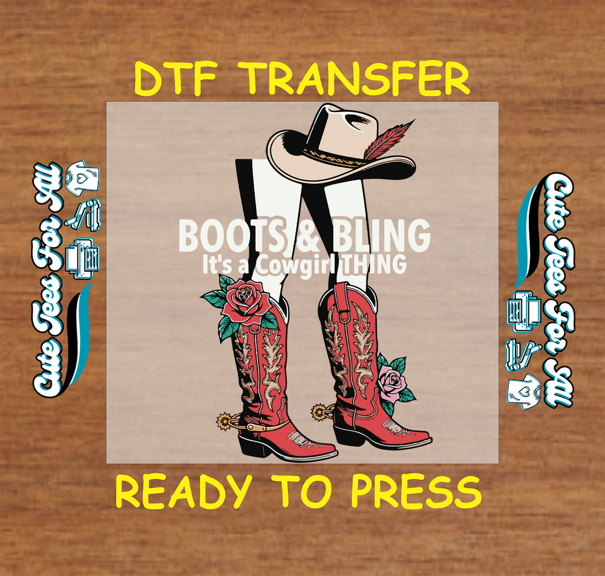 Boots & Bling, It’s a Cowgirl Thing lettering with tall red cowboy boots, gold spurs, red and pink roses, and a cream hat with a red feather.