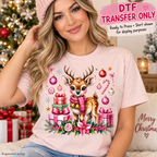 Christmas DTF Transfer – Pink Reindeer and Gifts Shirt Design Ready to Press 15226