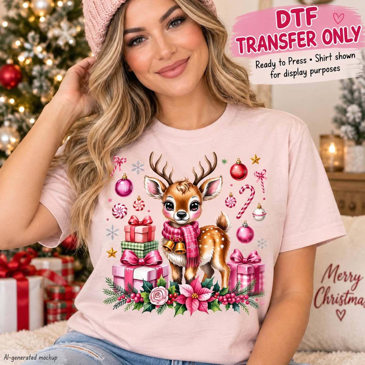 AI-generated mockup of a woman wearing a light pink T-shirt with a cute reindeer, pink scarf, Christmas gifts, ornaments, and floral greenery.