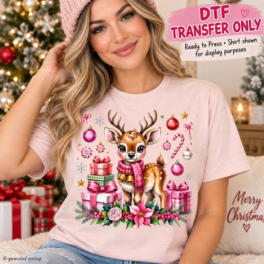 AI-generated mockup of a woman wearing a light pink T-shirt with a cute reindeer, pink scarf, Christmas gifts, ornaments, and floral greenery.
