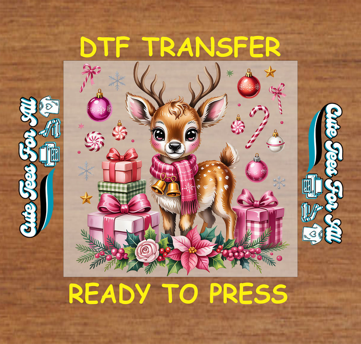 Cute brown reindeer wearing a pink plaid scarf and gold bells, surrounded by gifts, candy canes, ornaments, pink flowers, and Christmas greenery.