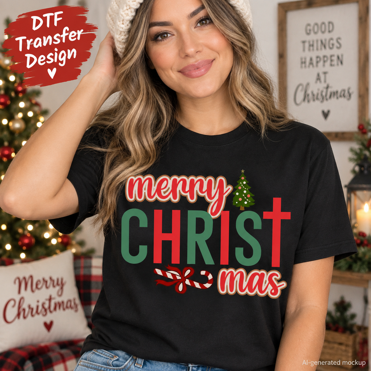 AI-generated mockup of a woman wearing a black T-shirt with Merry CHRISTmas lettering, a red cross, Christmas tree, and candy cane.