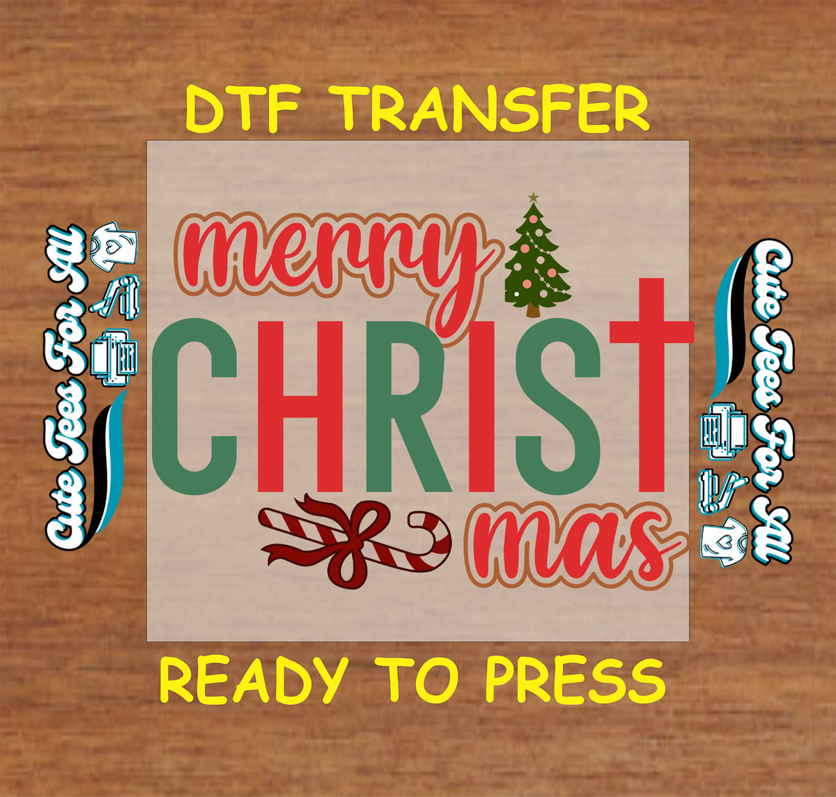 Merry CHRISTmas design with red and green block letters, a cross replacing the T, red script, a decorated tree, and a candy cane with a bow.