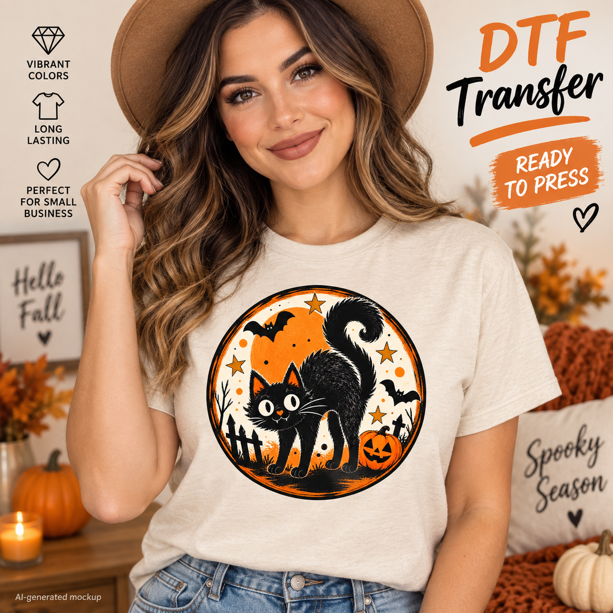 AI-generated mockup of a woman wearing a cream T-shirt with a vintage black cat, jack-o’-lantern, bats, and orange moon Halloween design.