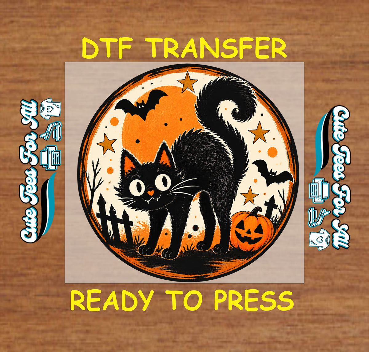 Circular vintage Halloween design featuring an arched black cat, orange moon, jack-o’-lantern, bats, stars, and black fence silhouettes.
