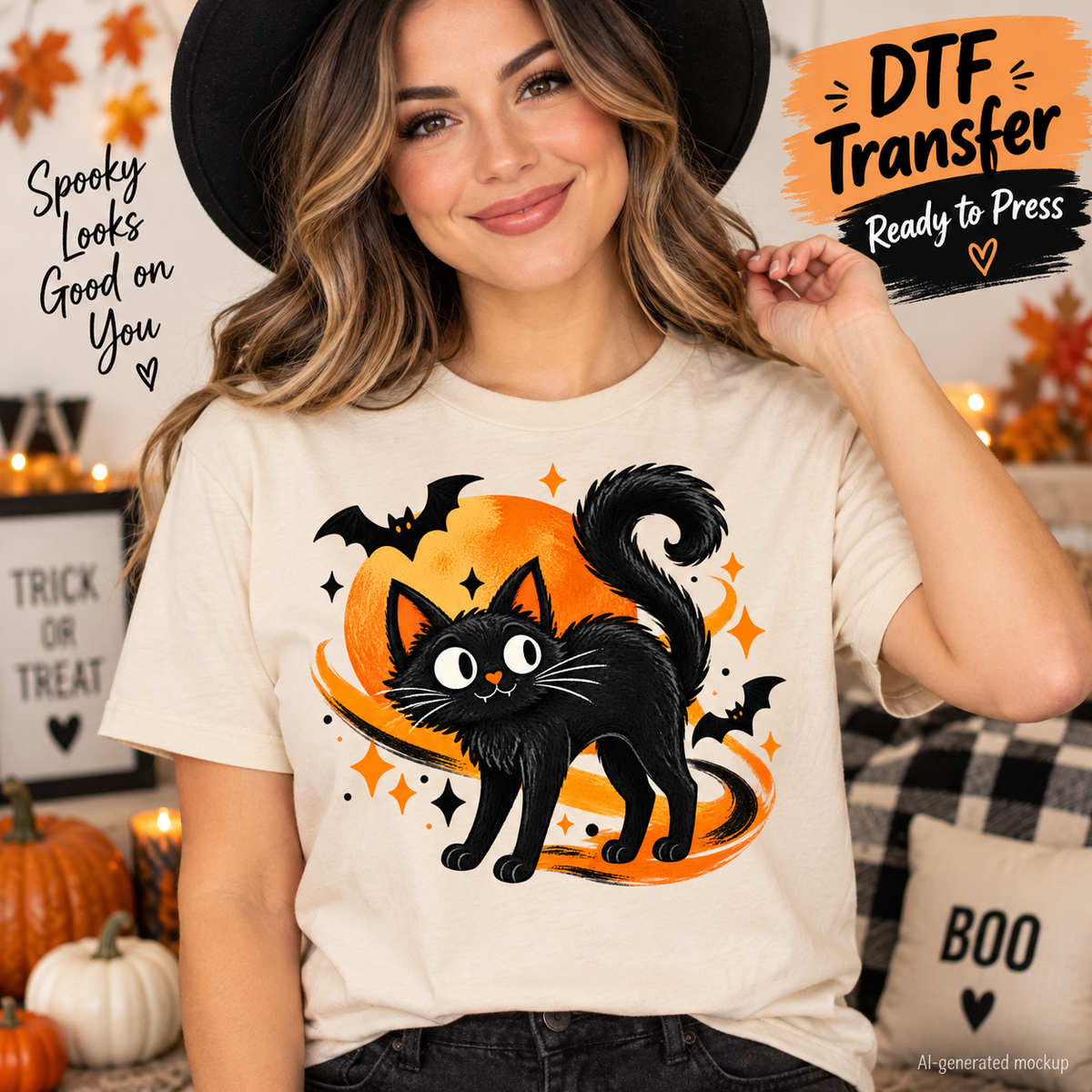 AI-generated mockup of a woman wearing a cream T-shirt featuring a cute black cat with an orange moon, bats, and Halloween starbursts.