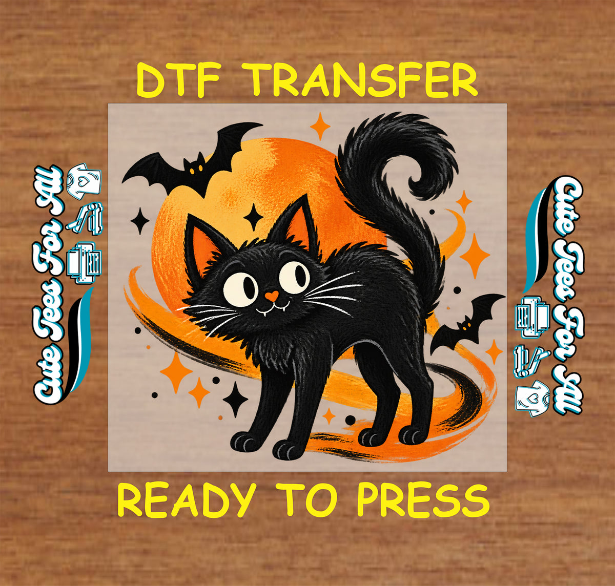 Wide-eyed black cat with tiny fangs, an orange heart nose, and curled tail, surrounded by an orange moon, bats, stars, and sweeping brushstrokes.