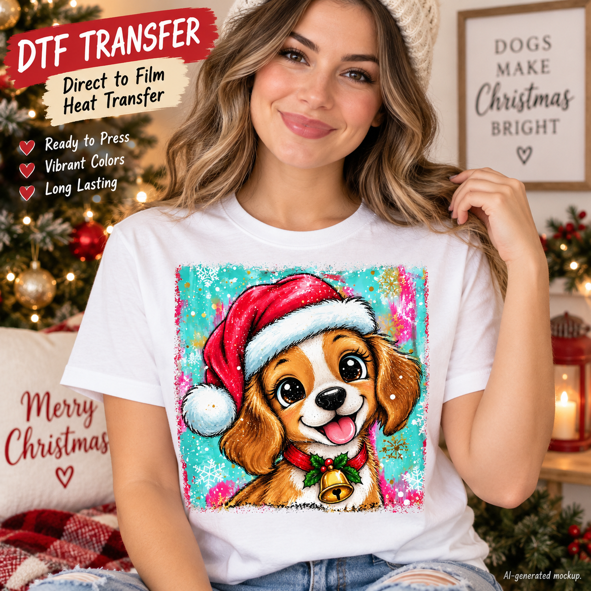 AI-generated mockup of a woman wearing a white T-shirt with a Christmas puppy in a Santa hat against a turquoise and pink snowy background.