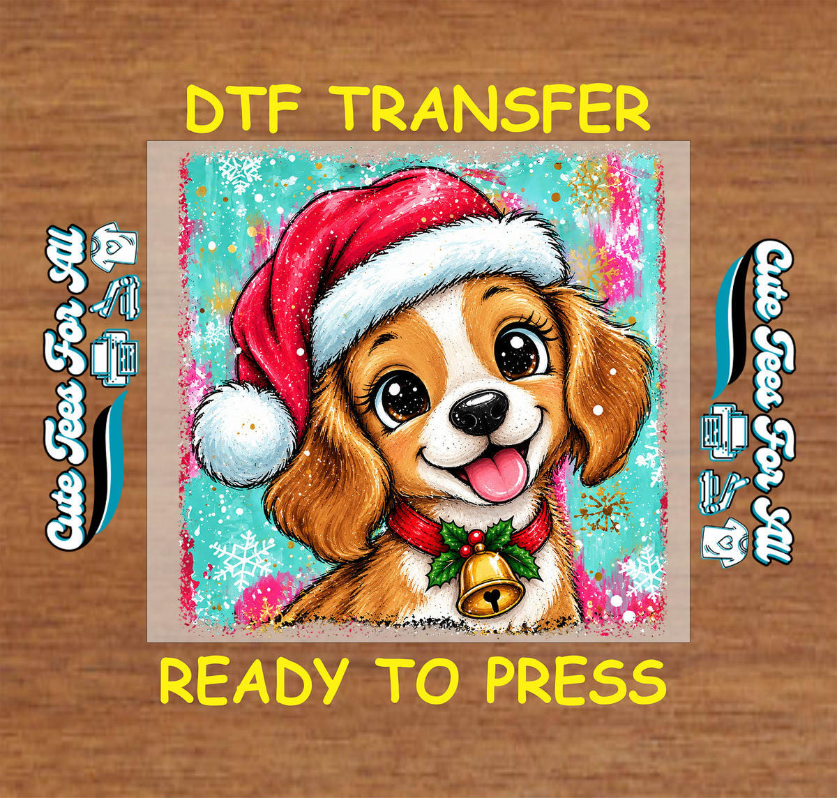 Smiling brown-and-white puppy wearing a red Santa hat and holly bell collar, framed by turquoise and pink brushstrokes with snowflakes.