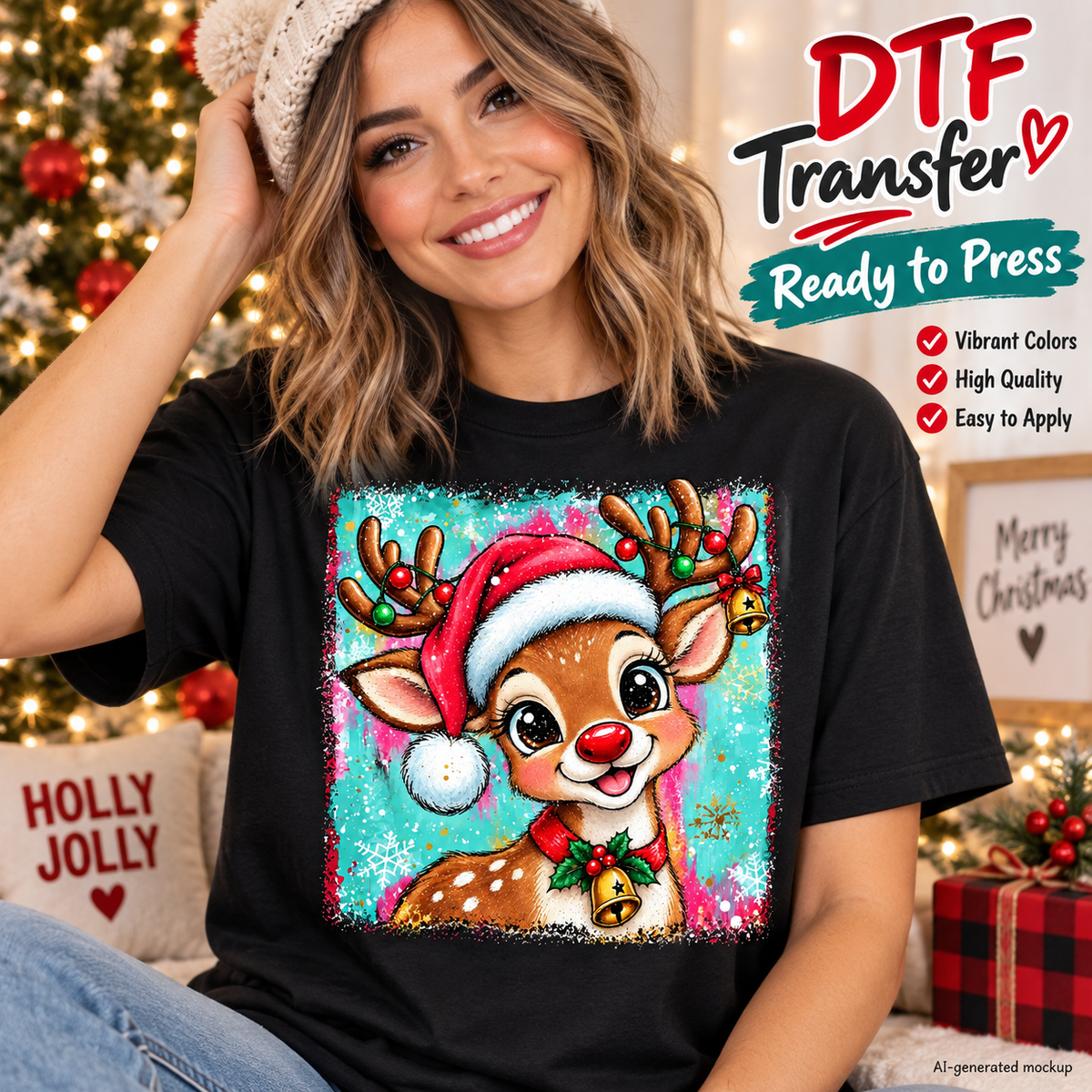 AI-generated mockup of a woman wearing a black T-shirt with a cute Christmas reindeer against a turquoise and pink snowflake background.