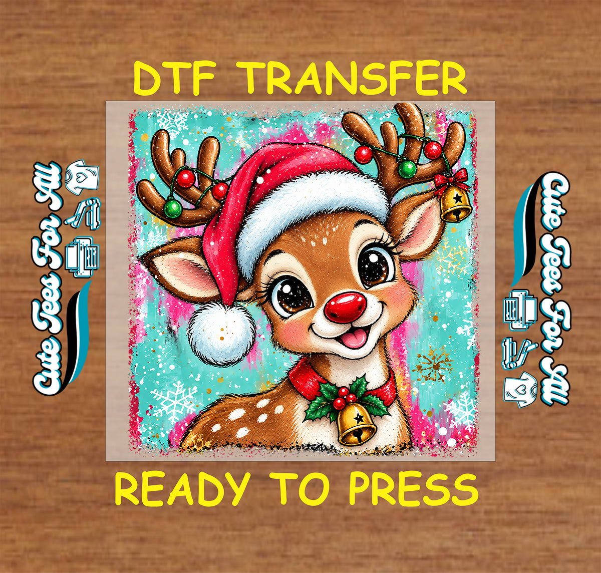 Smiling red-nosed reindeer wearing a Santa hat, Christmas lights on its antlers, and a holly bell collar against a turquoise and pink snowy backdrop.