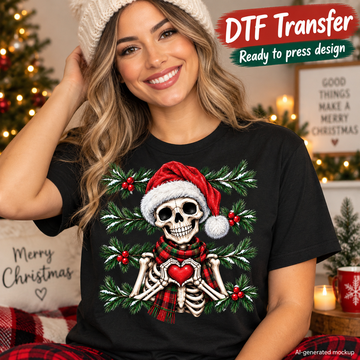 AI-generated mockup of a woman wearing a black T-shirt with a Christmas skeleton forming a heart, wearing a Santa hat and plaid scarf.