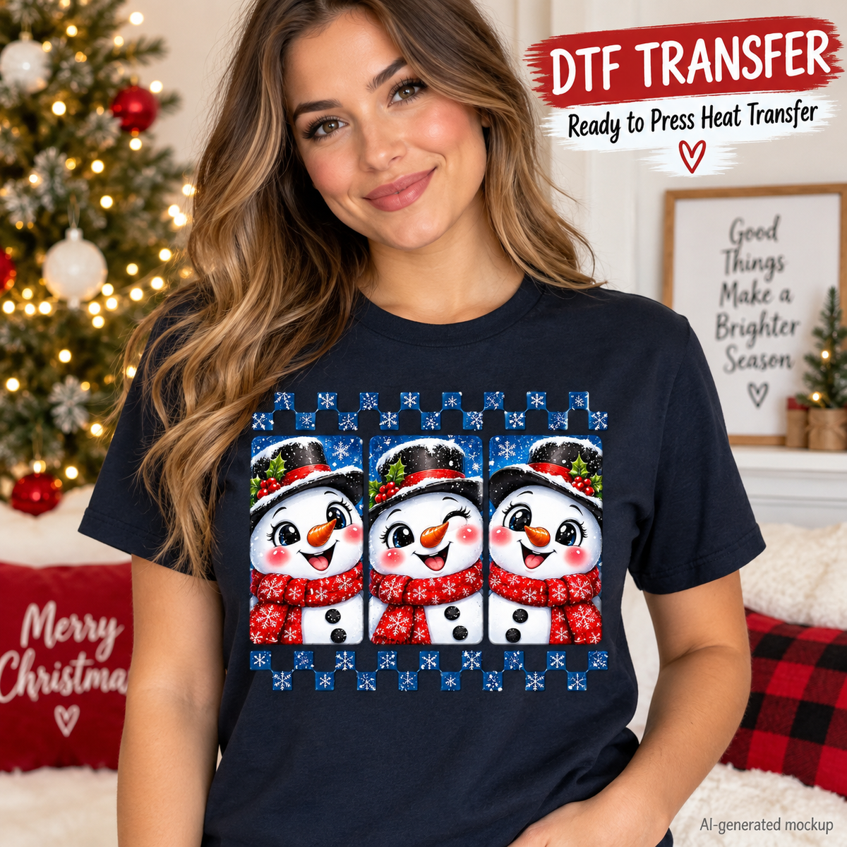 AI-generated mockup of a woman wearing a navy T-shirt with three smiling snowmen in red scarves, framed by blue snowflake checkerboard accents.