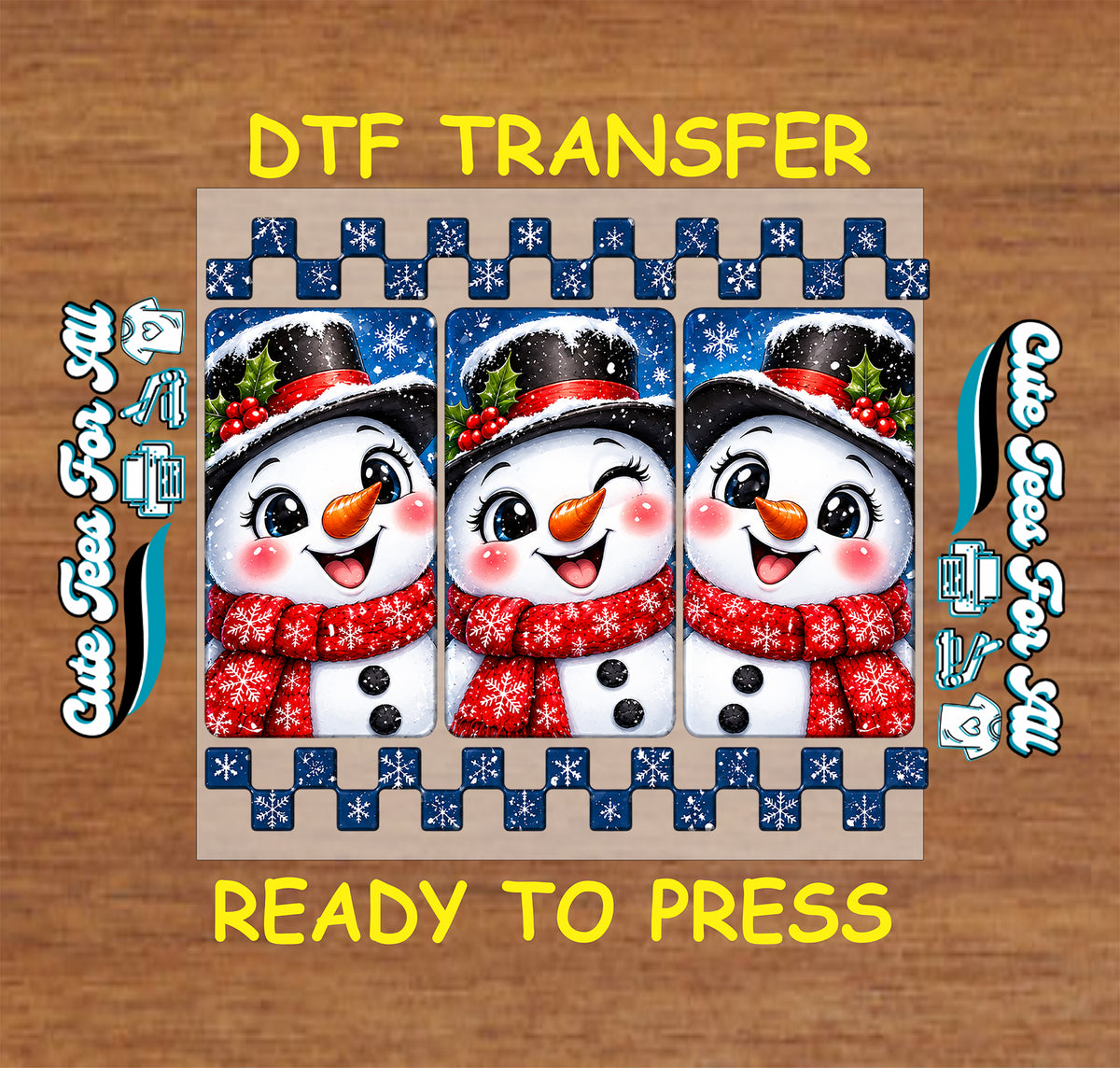 Three snowmen in blue panels wearing black holly-trimmed top hats and red snowflake scarves, with blue checkerboard borders above and below.