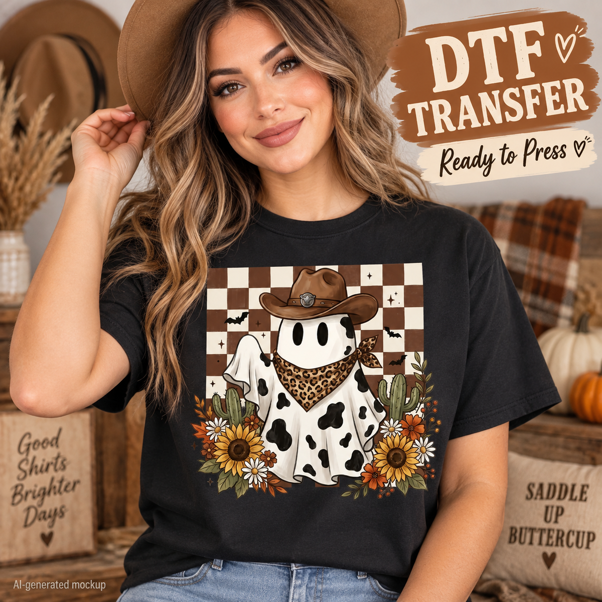 AI-generated mockup of a woman wearing a black T-shirt with a cow-print ghost in a cowboy hat, surrounded by sunflowers and cacti.