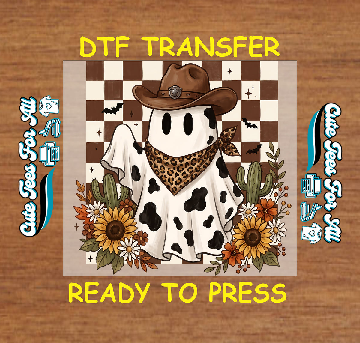 Cow-print ghost wearing a brown cowboy hat and leopard bandana, framed by sunflowers, cacti, bats, and a brown-and-cream checkerboard background.
