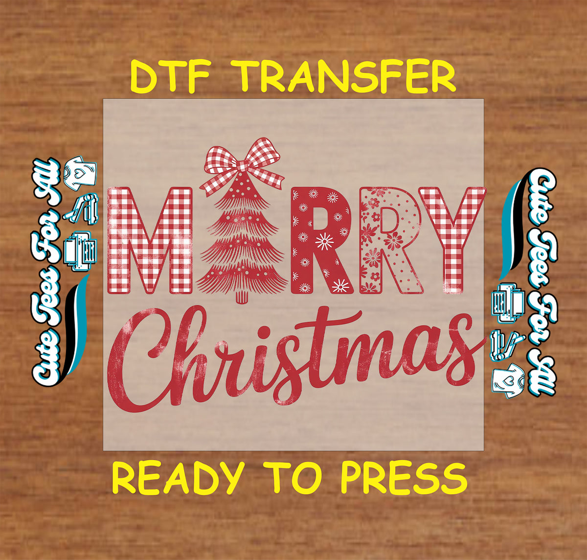Merry Christmas design with red-and-white patterned block letters, a red tree replacing the E, a gingham bow, and flowing red Christmas script.