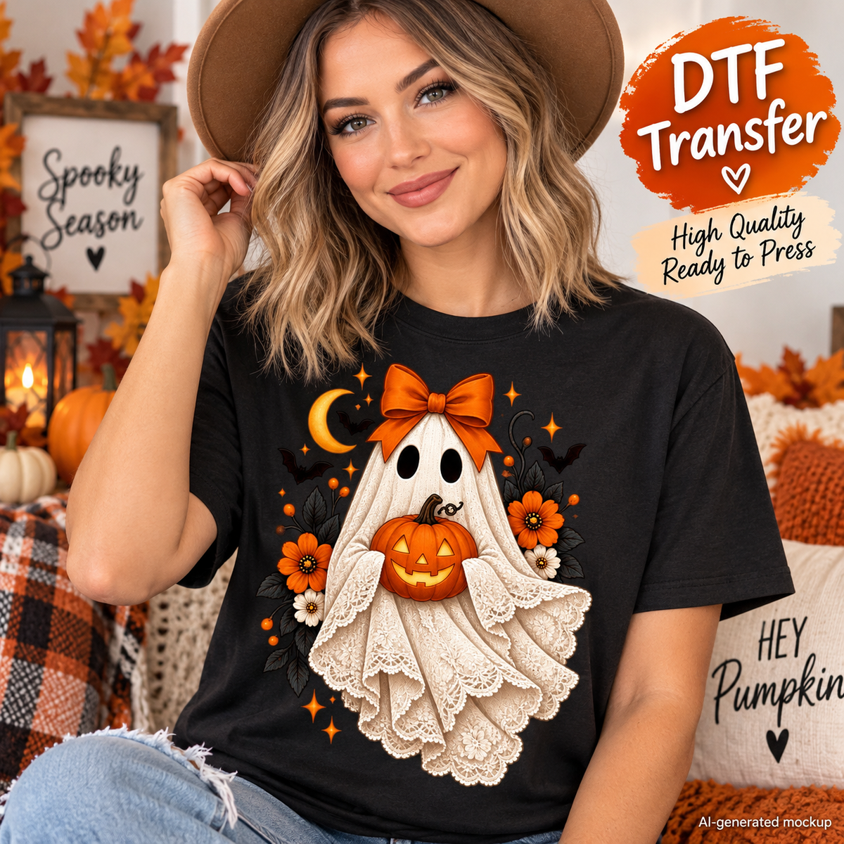 AI-generated mockup of a woman wearing a black T-shirt with a cream lace-style ghost, orange bow, pumpkin, flowers, and crescent moon.