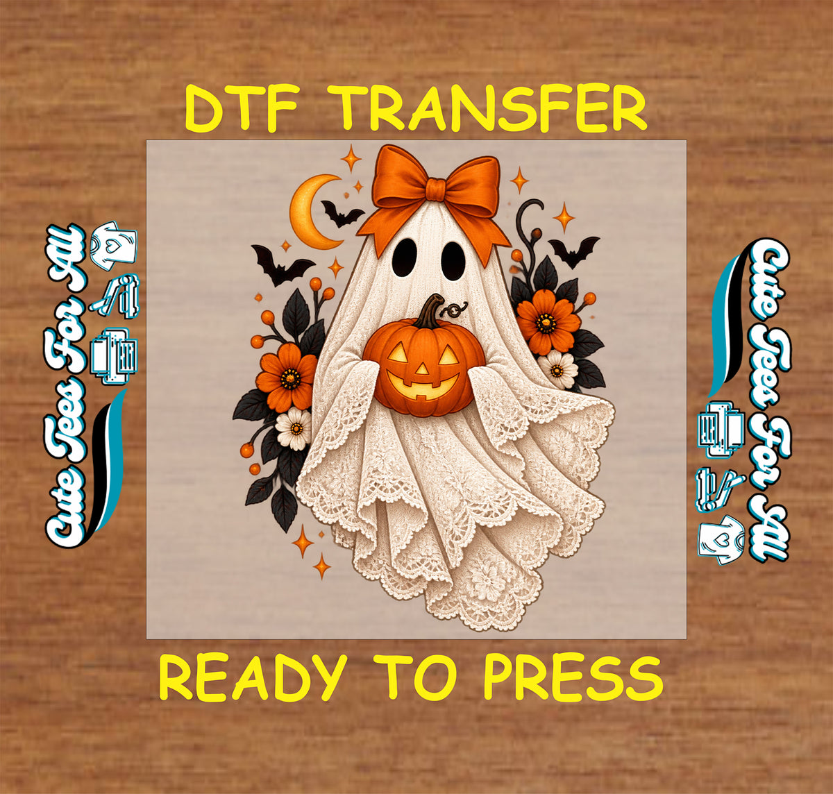 Cream lace-style ghost wearing an orange bow and holding a jack-o’-lantern, surrounded by flowers, dark leaves, bats, stars, and a crescent moon.