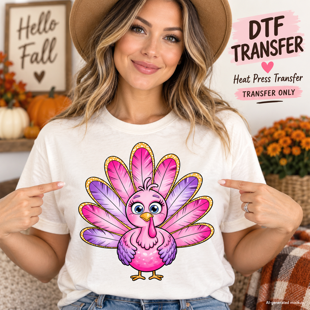 AI-generated mockup of a woman wearing a white T-shirt featuring a cute pink and purple turkey with blue eyes and golden feather outlines.
