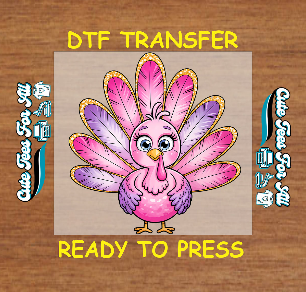 Cartoon pink turkey with blue eyes, purple wings, yellow feet, and a fan of pink and lavender feathers edged with a golden glitter-look pattern.