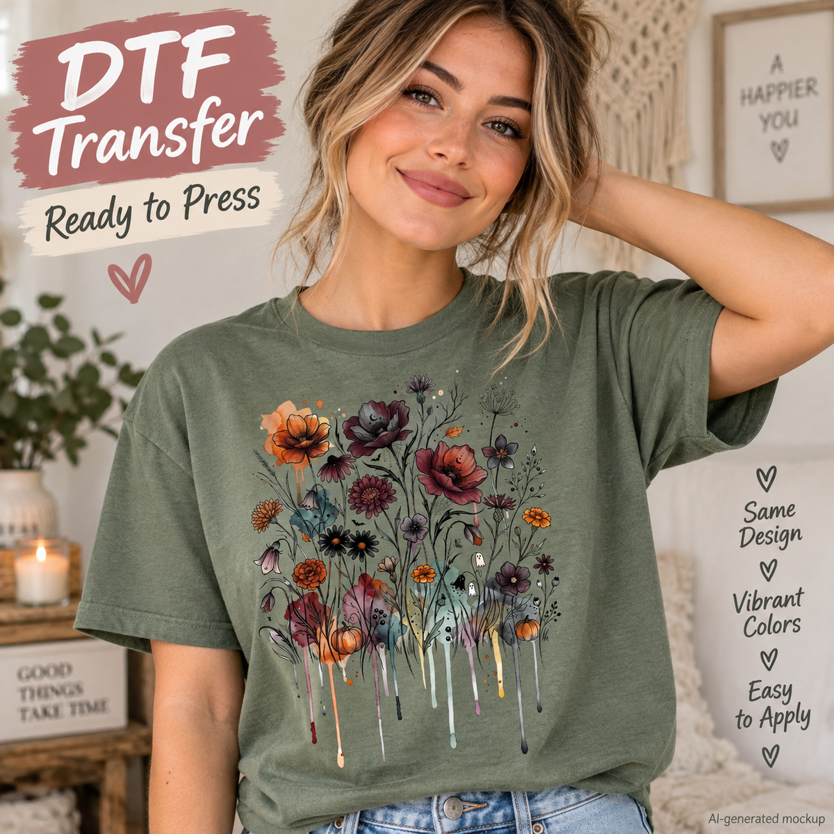 AI-generated mockup of a woman wearing a sage green T-shirt with moody wildflowers, tiny ghosts, pumpkins, and watercolor-style paint drips.